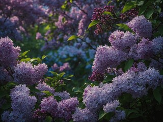 Clusters of purple lilac blossoms in various shades focal point of image, surrounded by green leaves, illuminated by soft, natural light. Background blur of more lilac blossoms, greenery.