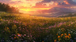 A tranquil meadow blanketed in a sea of wildflowers, their vibrant hues merging seamlessly with the soft gradient of a setting sun, a haven of beauty and serenity in the heart of nature.
