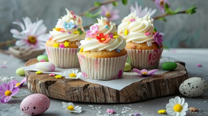 Sticker - Three cupcakes with white icing and floral decorations on wood