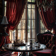 Elegant Victorian Parlor: Drapes on Windows with Chess Set