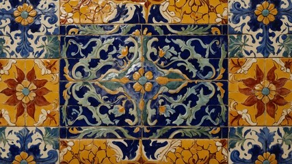 Poster - Colorful mosaic of square tiles creates vibrant, intricate pattern. Central tile features blue floral design surrounded by scrolling vines, while surrounding tiles showcase variety of floral.