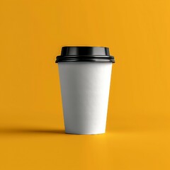 Wall Mural - Paper white coffee cup with black lid mockup on yellow background. AI generate illustration