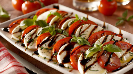 Wall Mural - An elegant caprese salad featuring ripe tomatoes, fresh basil leaves, mozzarella cheese slices drizzled with balsamic glaze