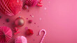 A tranquil magenta pink background with festival decorations on the left side.