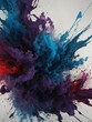 Vibrant explosion of colors, primarily blue, purple, red, bursts forth against stark white background. Colors blend, swirl together, creating dynamic.