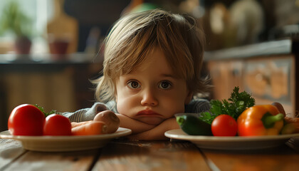 A young child is sitting at a table with two plates of food in front of him