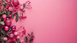 A tranquil magenta pink background with festival decorations on the left side.