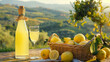 Lemon liqueur in glass bottles and ripe yellow lemons and a beautiful sunset