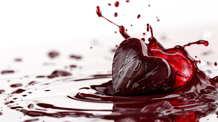 Wall Mural - Delight in the elegance of a chocolate heart on a white background, accented by a splash of red liquid cascading over the heart. 