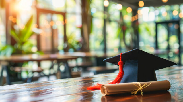 Graduation day, party. A mortarboard and diploma scroll on a table in classroom. Education, learning concept. Courses, higher education, study, knowledge. Graduation hat and students diploma on desk