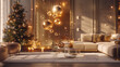 Luxury living room interior with golden christmas tree and decorations,beige sofa,golden coffee table,christmas lights and baubles,beige carpet,and golden curtain.
