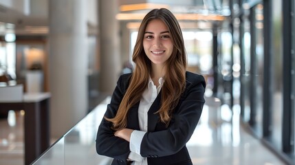 Poster - Professional young businesswoman smiling confidently at the office. Modern corporate attire and workplace. Female empowerment and career success. AI