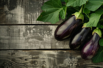 Fresh healthy eggplants on dark wooden background