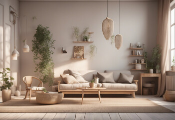 Home interior background cozy room with natural wooden furniture Scandi-Boho style 3d render