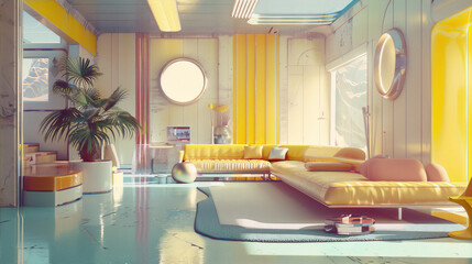 Retrofuturism interior design living room in pastel colors with large windows and a bubble chair