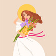 Young woman girl hold bouquet of flowers gladiolus on beige background. Summer holiday present vector illustration. Garden plant