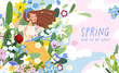 Spring banner with woman surrounded by flowers in a field. Cute card and poster, web and social media cover for the spring holiday. Showcasing the beauty of nature and botany