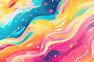 Wall Mural - Abstract cartoon colorful background with liquid forms and sparkles, swirling waves and stars. Flat minimalistic illustration with pastel colors