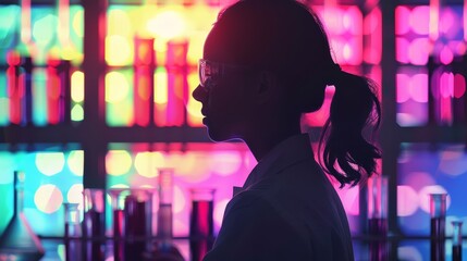 A young female scientist wearing a lab coat and safety glasses works in a brightly lit laboratory.