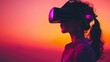 A young woman wearing a virtual reality headset looks out at a beautiful sunset.