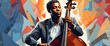 A stylish illustration of a young man playing the cello set against an abstract colorful background