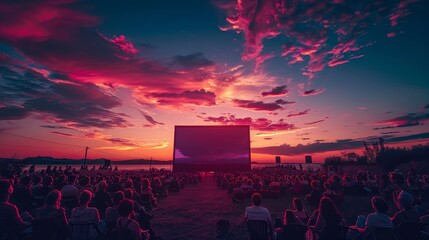 An outdoor movie screening at sunset with a beautiful pink sky and a large crowd sitting on the grass watching the movie.