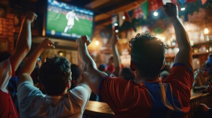 A group of soccer fans are watching a live soccer match in a sports bar. People stand in front of the TV to cheer on their team.