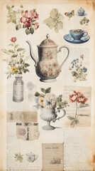 Canvas Print - Wallpaper ephemera pale Teapot Antique teapot painting cup.