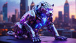  a black panther made of metal with purple and blue lights on its body. The background is a blurred city at night with tall buildings and lights