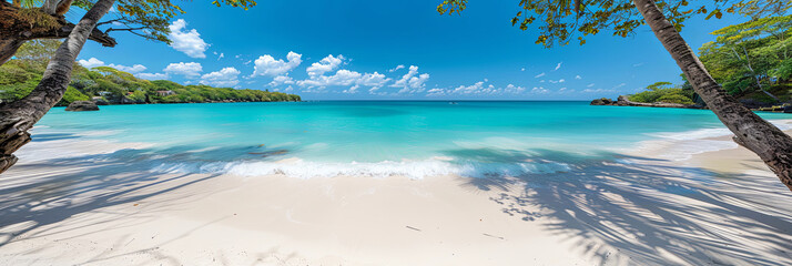 Poster - A beautiful beach with a blue ocean and palm trees