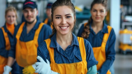 A team of positive cleaning staff Dress in uniform and gloves. Cheerfully pose for photos with cloth in hand.