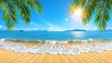 Fototapeta Kosmos - A beautiful beach scene with palm trees and a clear blue sky
