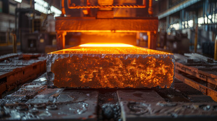 Glowing hot metal ingot in a foundry.