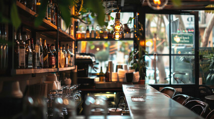 A bar with a lot of bottles and glasses on the counter