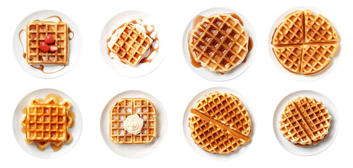 A series of waffles with different toppings and flavors Set of png elements.