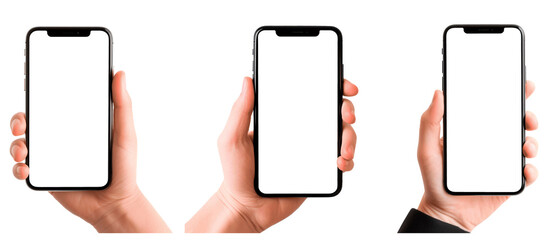 Three cell phones are being held up by a person's hands, all of which are white Set of png elements.