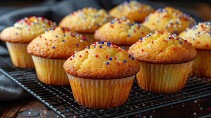 Sticker - A tray of muffins with red, white and blue sprinkles on top