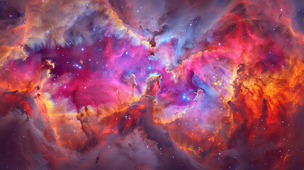 Wall Mural - A colorful space scene with a bright orange cloud in the middle