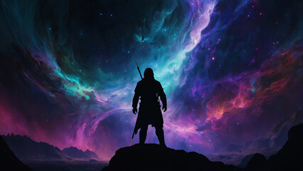 Wall Mural - A man stands on a mountain top in a purple and blue sky