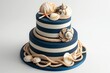 Nautical wedding cake, navy blue stripes and a topper of knotted ropes and seashells, vivid colors captured in high detail, isolated on white background
