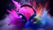 Headphone and vivid color powder. Creative music and festival concept.