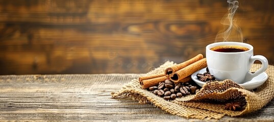 Wall Mural - Steaming coffee cup with fragrant cinnamon and coffee beans for aromatherapy enthusiasts