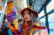 A fashionable young woman in a vibrant and colorful outfit stands inside a bus, showing a trendy urban style