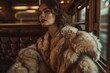 © ChaoticMind - A woman poses in a luxurious fur coat inside a classic train compartment, exuding vintage elegance