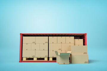 Poster - 3d rendering of red open container full of cardboard packages