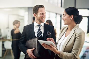 Poster - Realtor, business people or tablet for meeting, real estate or discussion in office for consulting online. Project, teamwork or happy property agent with partner with technology for schedule planning