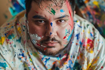 Aufkleber - Detailed close-up of a painter's shirt covered in vibrant paint splatters, representing artistic creativity
