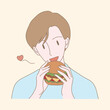 Happy man eating tasty cheeseburger with satisfaction. Nice guy holding burger. Hand drawn flat cartoon character vector illustration.