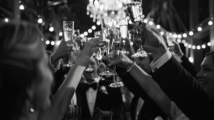 Toasts and speeches from family and friends honoring the new union of two lovers. Wedding, marriage, holiday, blur, wedding photo, many people, glasses of wine Generative by AI