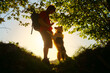 border collie dog standing with its front paws leaning on its owner in a forest at sunset